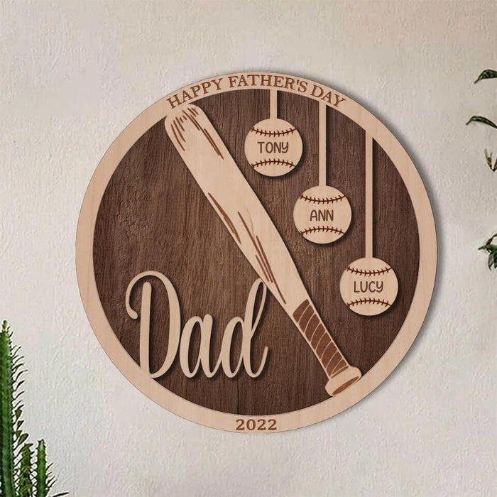 Personalized Baseball Double-layer Round Wooden Sign - Gift Idea From Kids to Father with up to 5 Kids - Father's Day 2023 Gift