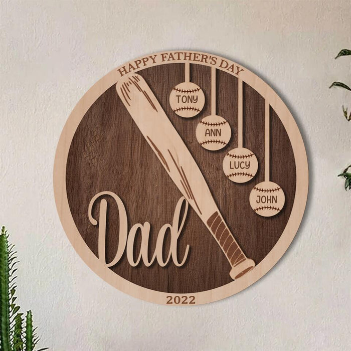 Personalized Baseball Double-layer Round Wooden Sign - Gift Idea From Kids to Father with up to 5 Kids - Father's Day 2023 Gift