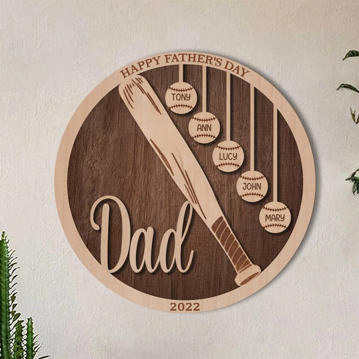 Personalized Baseball Double-layer Round Wooden Sign - Gift Idea From Kids to Father with up to 5 Kids - Father's Day 2023 Gift