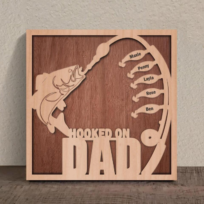 Personalized Hooked On Dad Square 3-Layered Wooden Art - Father's Day Gift
