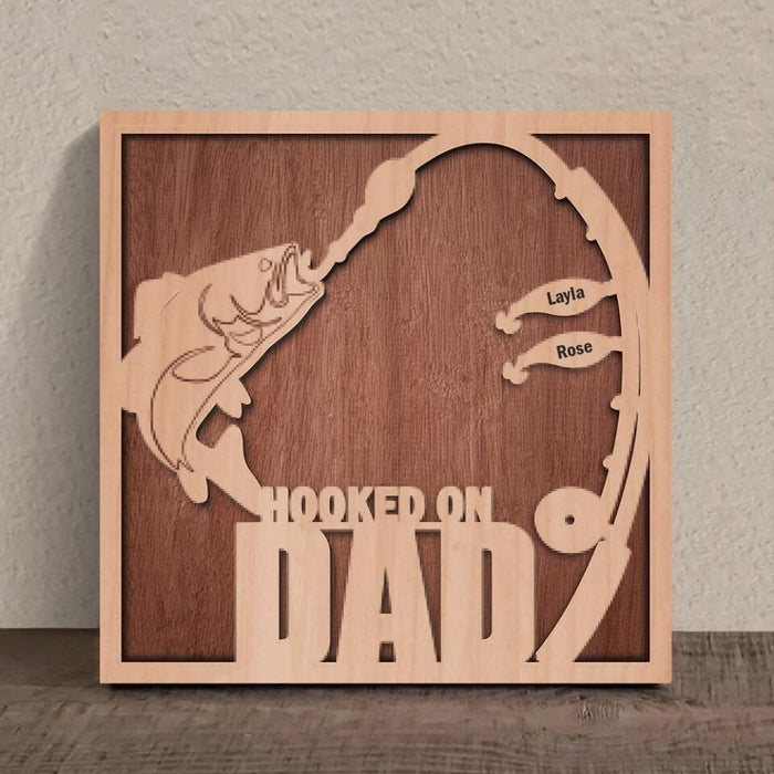 Personalized Hooked On Dad Square 3-Layered Wooden Art - Father's Day Gift