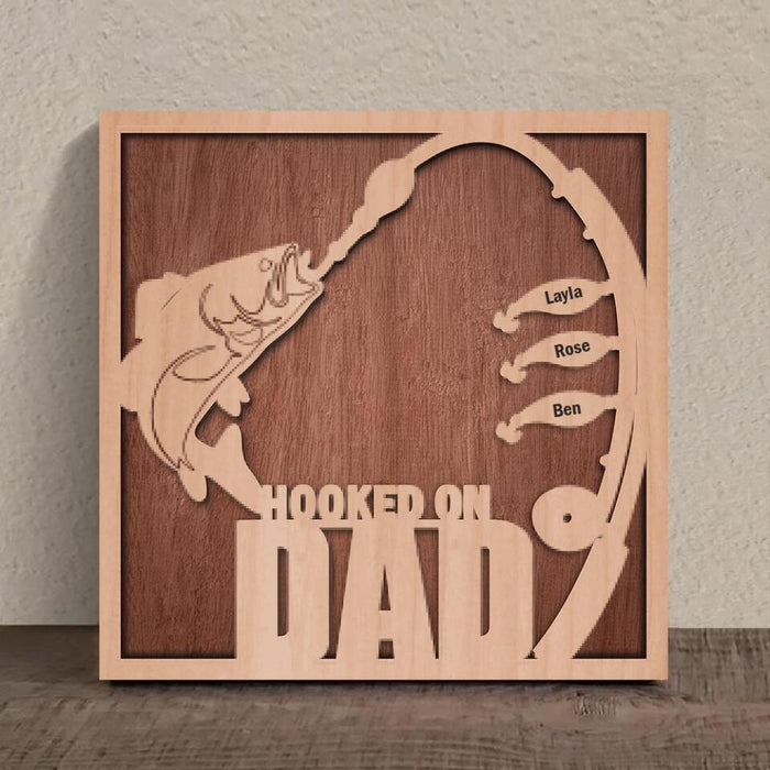 Personalized Hooked On Dad Square 3-Layered Wooden Art - Father's Day Gift