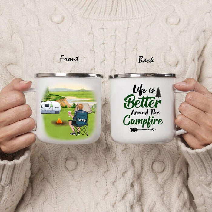 Personalized Camping Enamel Mug - Up to 5 Pets - Gift Idea For Mom/Dad - Life Is Better Around The Campfire