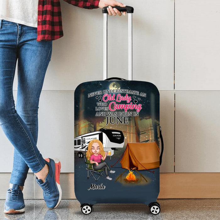 Personalized Camping Queen Suitcase Luggage Cover - Gift Idea For Camping Lovers - Never Underestimate An Old Lady Who Loves Camping And Was Born In June