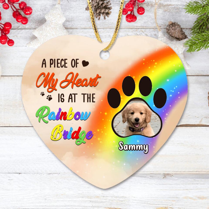 Personalized Memorial Photo Heart Ornament - Up to 3 Photos - Memorial Gift Idea For Christmas/Loss Of Dogs - A Piece Of My Heart Is At The Rainbow Bridge