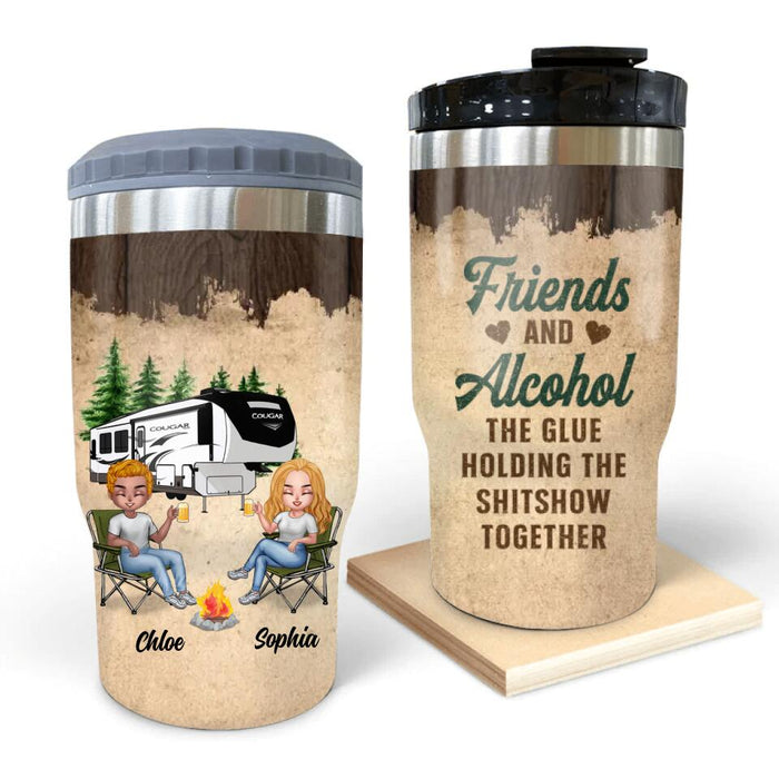 Personalized Camping Friends 3 in 1 Can Cooler - Gift Idea For Camping Lovers - Up To 7 Friends - Friends And Alcohol The Glue Holding The Shitshow Together