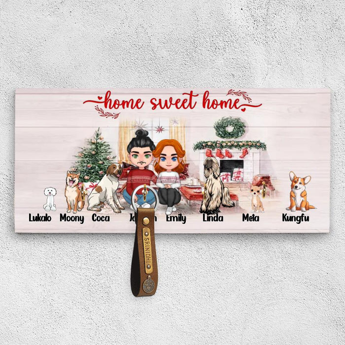 Personalized Christmas Couple Wood Key Holder - Gift Idea For Christmas/Couple/Dog Lovers - Couple With Up To 6 Dogs - Home Sweet Home