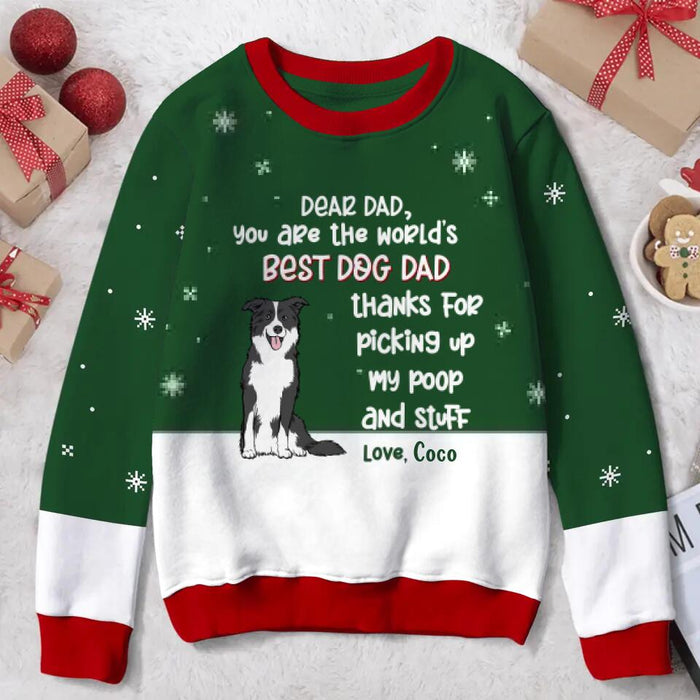 Personalized Dog Dad Sweater - Christmas Gift Idea For Dog Owner with up to 5 Dogs - Thanks For Picking Up My Poop And Stuff
