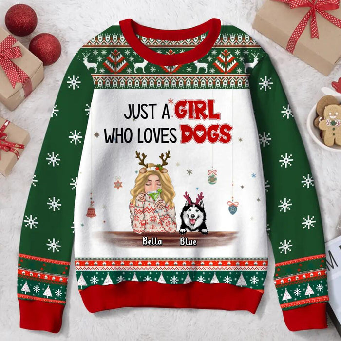 Personalized Dog Mom Sweater - Up to 5 Dogs - Christmas Gift Idea For Dog Lovers - Just A Girl Who Loves Dogs