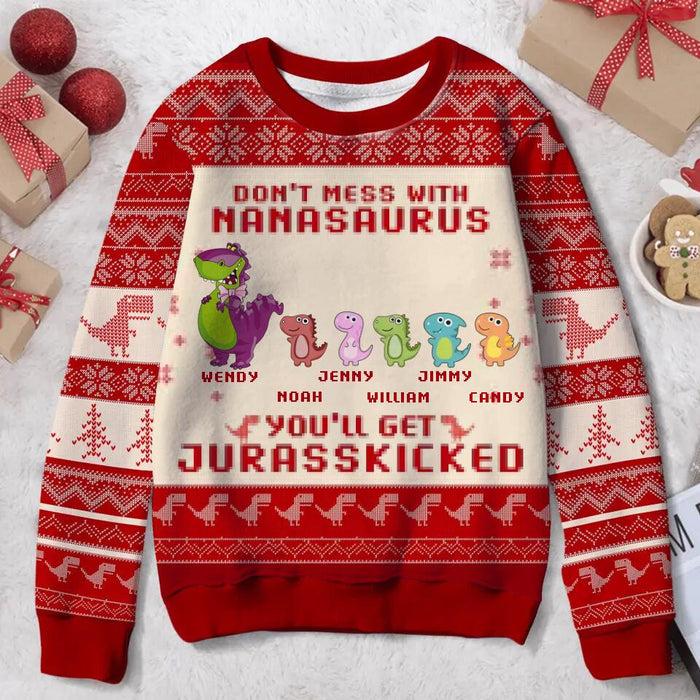 Personalized Grandparent All-Over Print Sweater - Up to 5 Kids - Christmas Gift idea for Grandpa/Grandma/Kids - Don't Mess With Nanasaurus You'll Get Jurasskicked