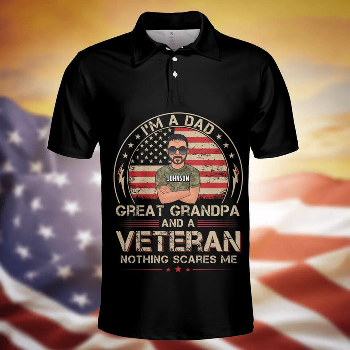 Personalized Veteran All-Over Print Polo Shirt - Gift Idea For Veteran - I'm A Dad Great Grandpa And A Veteran Nothing Scares Me