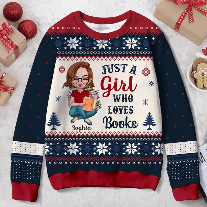 Personalized Girl Reading Book All-Over Print Sweater - Gift Idea For Reading Lover/Christmas Gift - Just A Girl Who Loves Books
