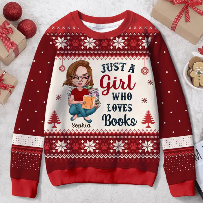 Personalized Girl Reading Book All-Over Print Sweater - Gift Idea For Reading Lover/Christmas Gift - Just A Girl Who Loves Books