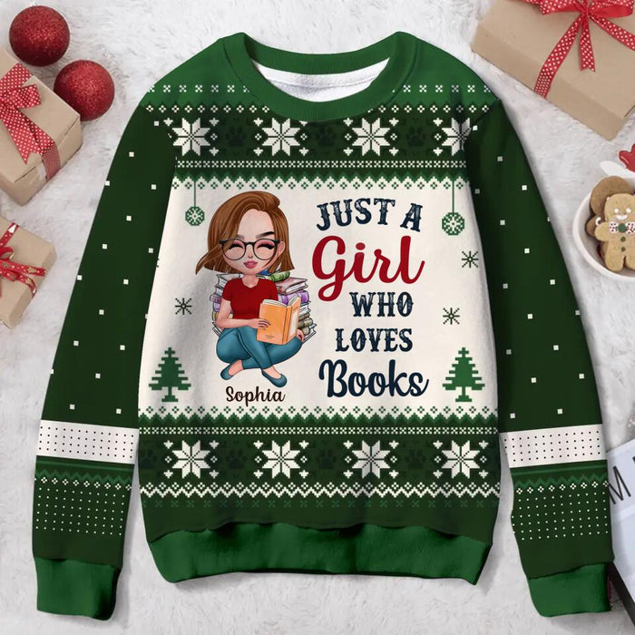 Personalized Girl Reading Book All-Over Print Sweater - Gift Idea For Reading Lover/Christmas Gift - Just A Girl Who Loves Books