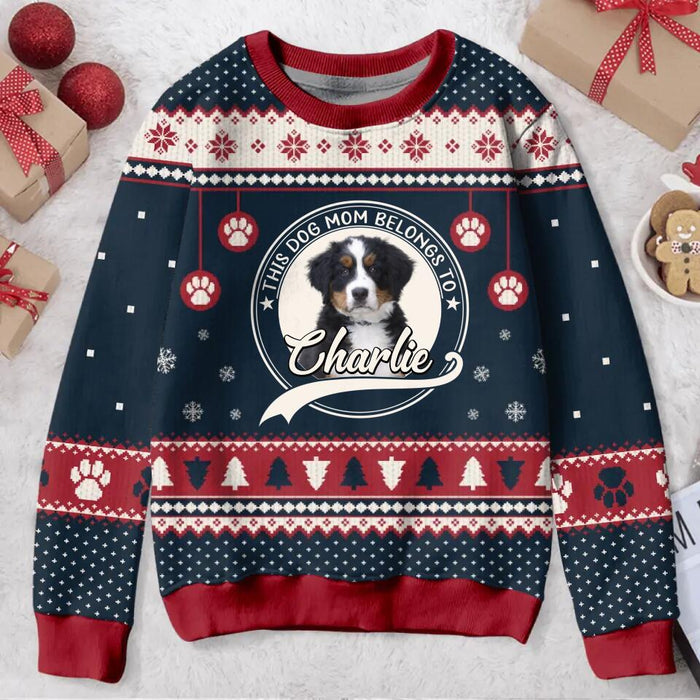 Personalized Dog Mom/Dog Dad All-Over Print Sweater - Upload Dog's Photo - Christmas Gift Idea For Dog Lover - This Dog Mom Belongs To