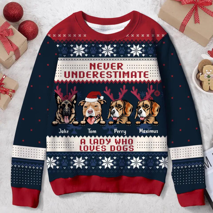 Personalized Dog Mom All-Over Print Sweater - Up to 4 Dogs - Christmas Gift For Dog Lovers - Never Underestimate A Lady Who Loves Dogs