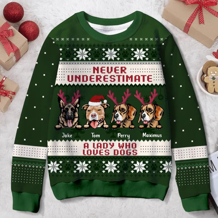 Personalized Dog Mom All-Over Print Sweater - Up to 4 Dogs - Christmas Gift For Dog Lovers - Never Underestimate A Lady Who Loves Dogs