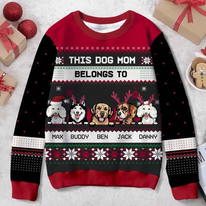 Personalized Dog Mom All-Over Print Sweater - Up to 5 Dogs - Christmas Gift For Dog Lover - This Dog Mom Belongs To