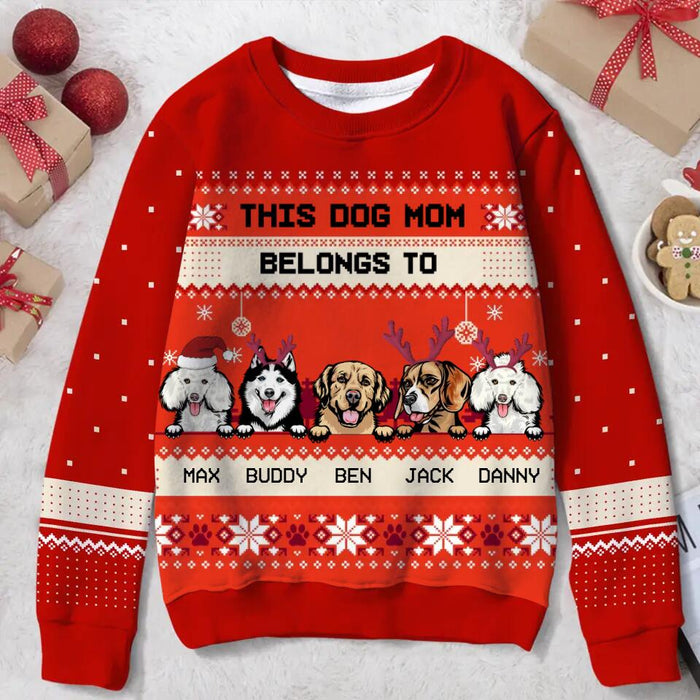 Personalized Dog Mom All-Over Print Sweater - Up to 5 Dogs - Christmas Gift For Dog Lover - This Dog Mom Belongs To