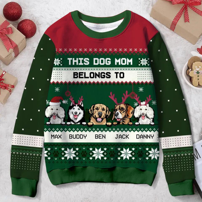 Personalized Dog Mom All-Over Print Sweater - Up to 5 Dogs - Christmas Gift For Dog Lover - This Dog Mom Belongs To
