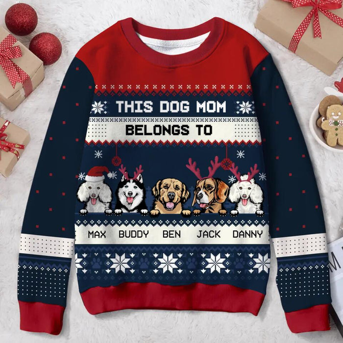 Personalized Dog Mom All-Over Print Sweater - Up to 5 Dogs - Christmas Gift For Dog Lover - This Dog Mom Belongs To