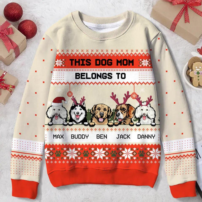 Personalized Dog Mom All-Over Print Sweater - Up to 5 Dogs - Christmas Gift For Dog Lover - This Dog Mom Belongs To