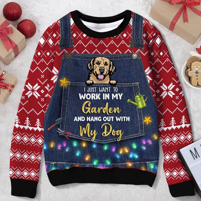 Personalized Dog All-Over Print Sweater - Up to 5 Dogs - Christmas Gift Idea For Dog Lovers  - I Just Want To Work In My Garden And Hang Out With My Dog
