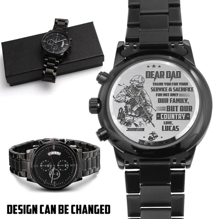 Personalized Veteran Black Chronograph Watch - Father's Day Gift for Veteran - Dear Dad Thank You For Your Service & Sacrifice