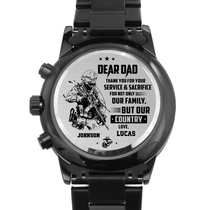 Personalized Veteran Black Chronograph Watch - Father's Day Gift for Veteran - Dear Dad Thank You For Your Service & Sacrifice