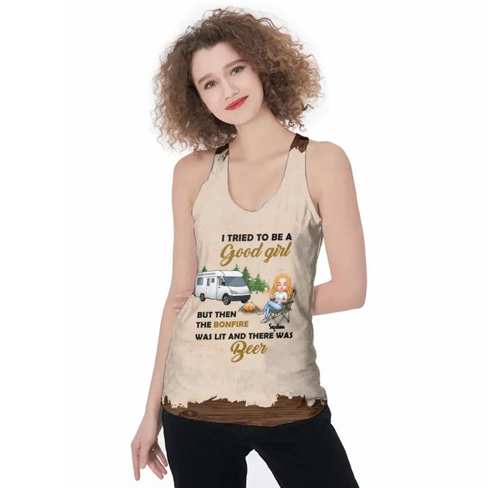 Personalized Camping Queen AOP Women's Racerback Tank Top - Gift Idea For Camping Lovers - I Tried To Be A Good Girl