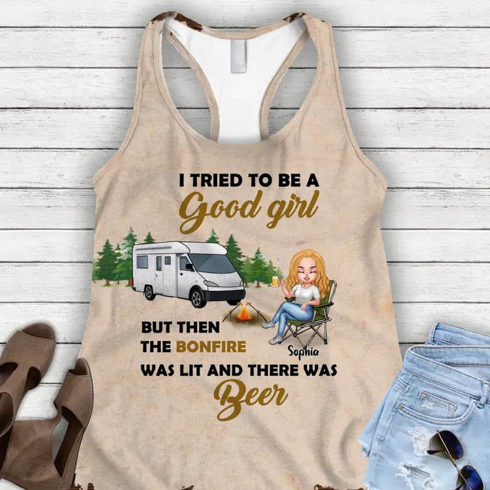 Personalized Camping Queen AOP Women's Racerback Tank Top - Gift Idea For Camping Lovers - I Tried To Be A Good Girl